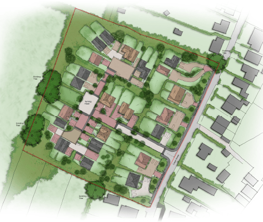 Birds-eye view of the proposed erection of new dwellings