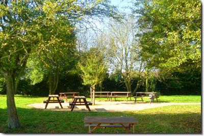 A view of the school playing field featuring picnic tables
